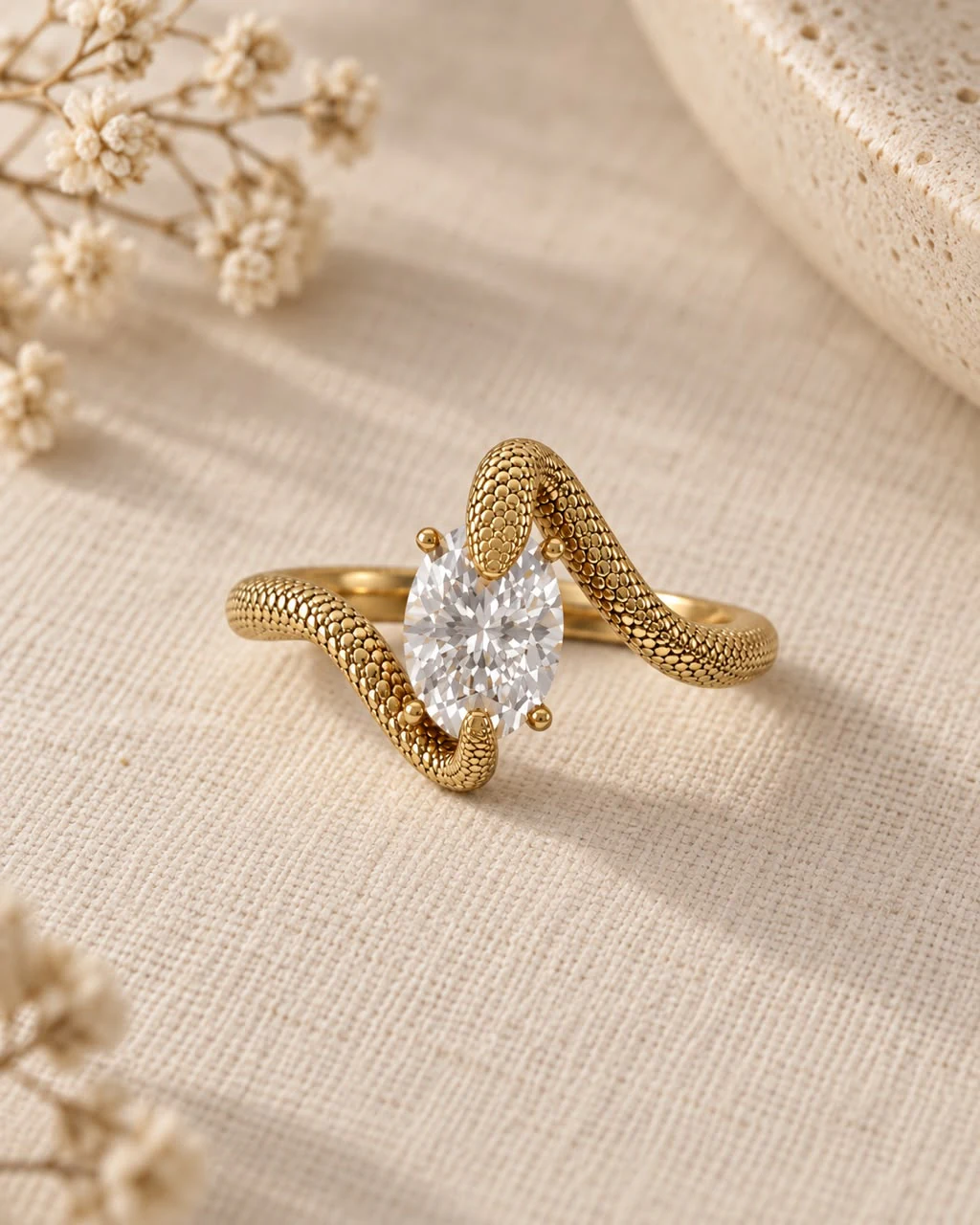 The Serpent No. 01 ring seen from three quarters on cream linen