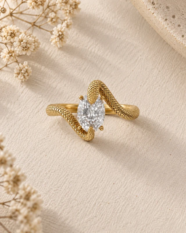 The Serpent No. 01 ring on cream linen beside dried gypsophila